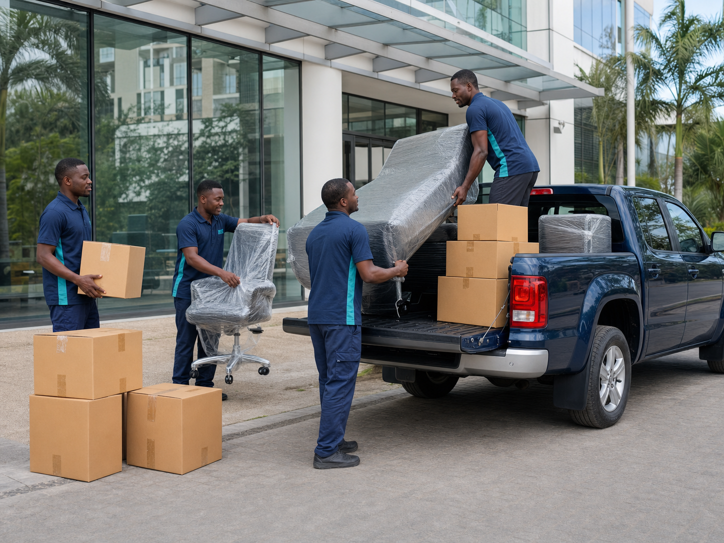 TanzMovers team carefully loading office furniture and boxes